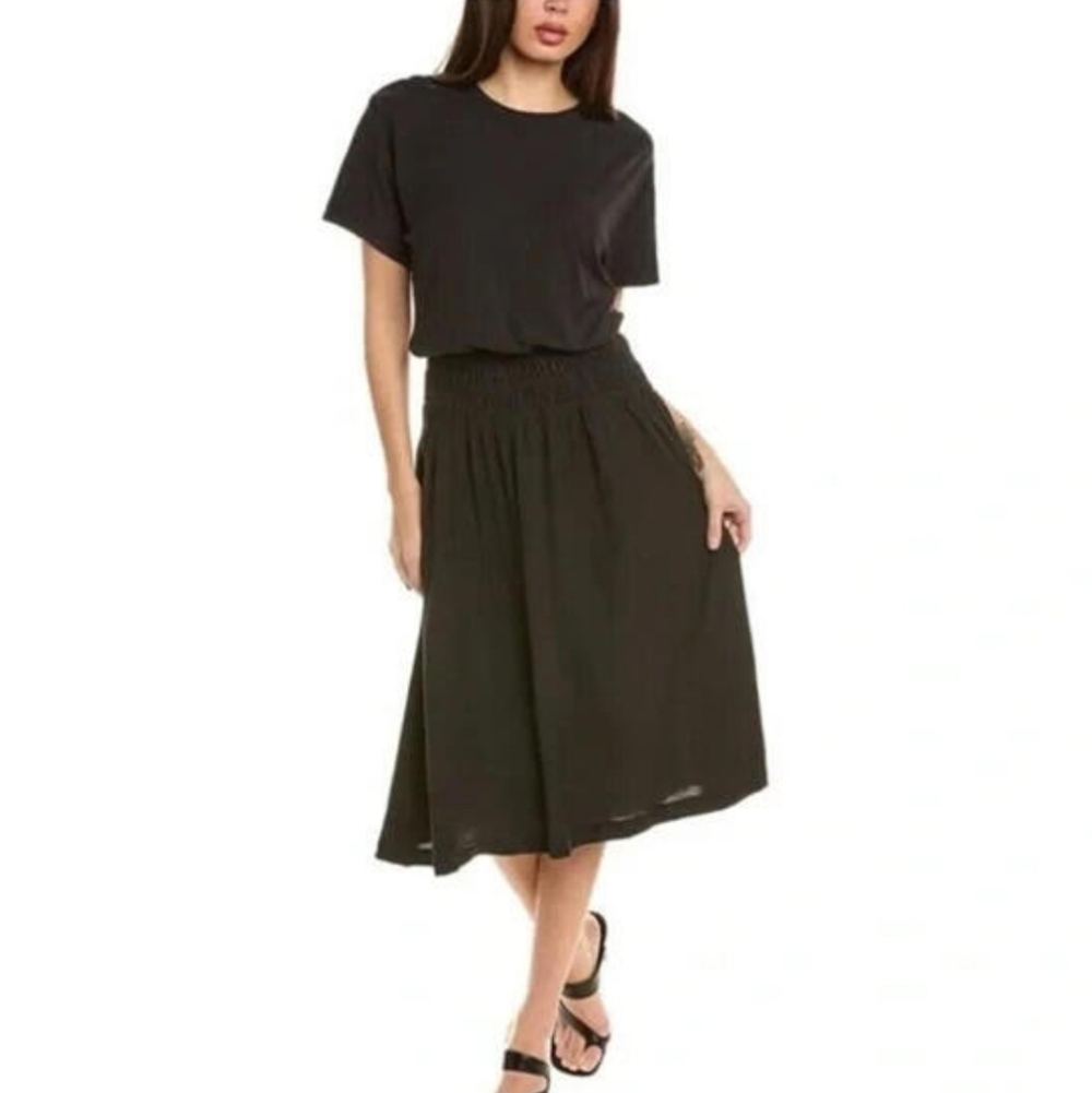 Nation LTD Black Winslow Shirred Smocked Drop Waist Short Sleeve Midi Dress XL